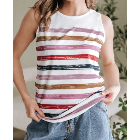 Caylee Red Stripe Rainbow Round Neck Tank Top