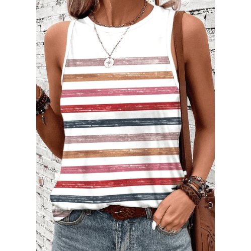 Caylee Red Stripe Rainbow Round Neck Tank Top