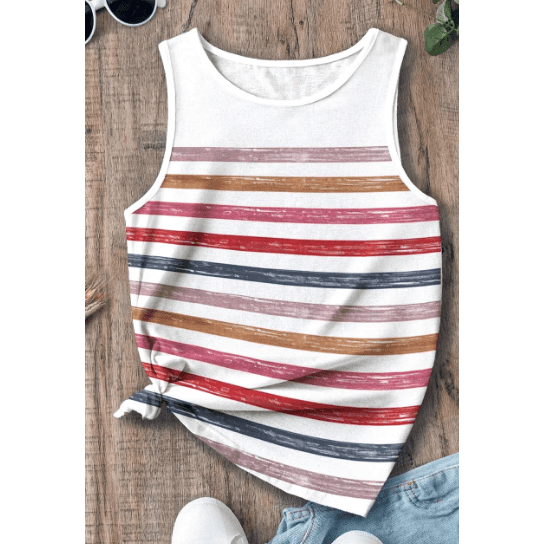 Caylee Red Stripe Rainbow Round Neck Tank Top
