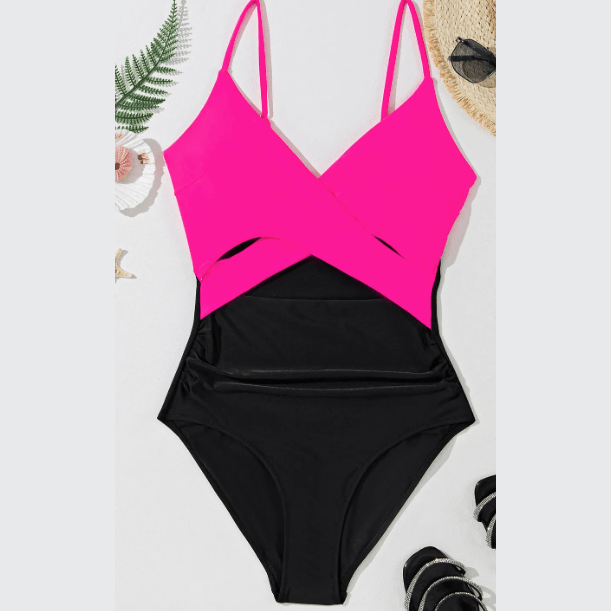 Wynsley Hot Pink Crossover Colorblock Cutout One Piece Swimsuit