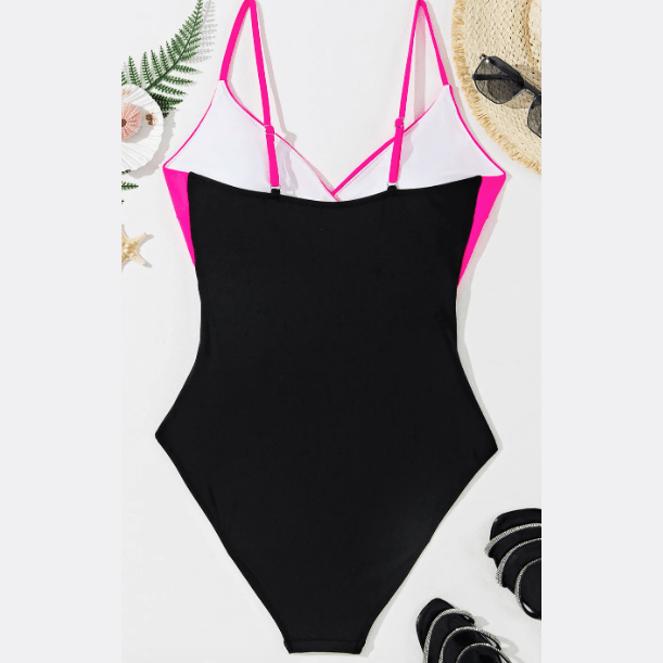 Wynsley Hot Pink Crossover Colorblock Cutout One Piece Swimsuit