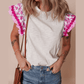 Anka Pink Ricrac Trim Printed Flutter Sleeve Contrast Patchwork Blouse