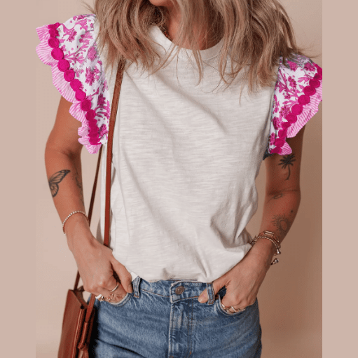 Anka Pink Ricrac Trim Printed Flutter Sleeve Contrast Patchwork Blouse