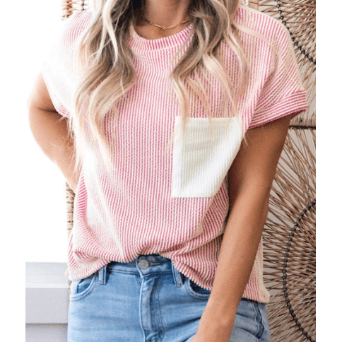 Noelle Pink Corded Knit Color Block Pocketed Crew Neck T Shirt
