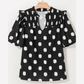 Phoebe Black Polka Dot Print Shirred Yoke Notched Neck Balloon Sleeve Blouse