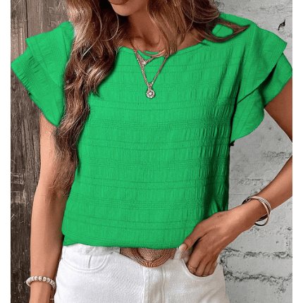 Pauletta Green Textured Ruffled Sleeve Round Neck Top