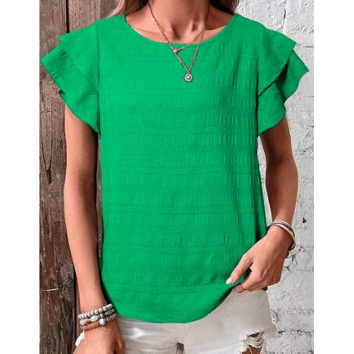 Pauletta Green Textured Ruffled Sleeve Round Neck Top