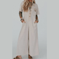 Kimbra Khaki Half Placket Chest Pockets Short Sleeve Wide Leg Jumpsuit