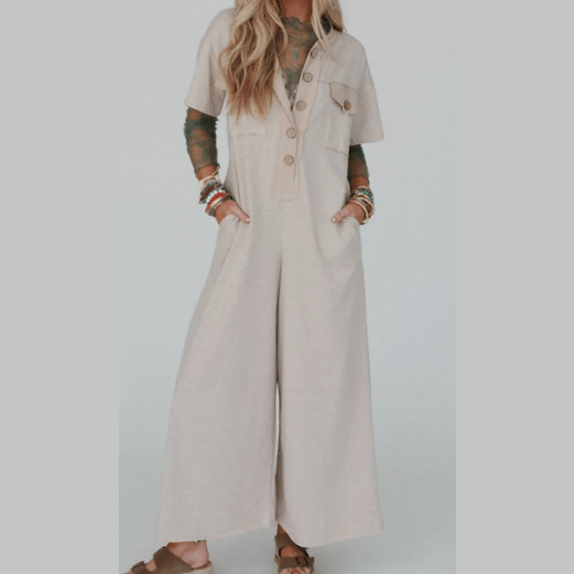Kimbra Khaki Half Placket Chest Pockets Short Sleeve Wide Leg Jumpsuit