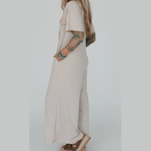 Kimbra Khaki Half Placket Chest Pockets Short Sleeve Wide Leg Jumpsuit