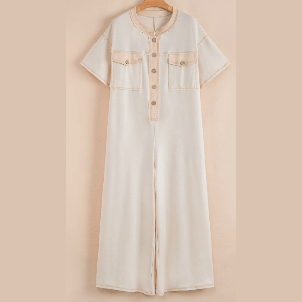Kimbra Khaki Half Placket Chest Pockets Short Sleeve Wide Leg Jumpsuit