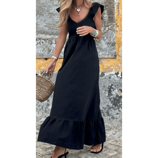 Laurey Black V Neck Flutter Sleeve Smocked Bodice High Waist Ruffle Maxi Dress