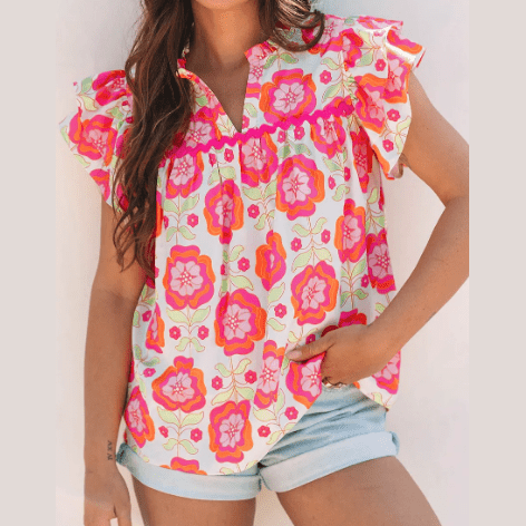 Melanie Floral Ruffled Sleeve Ric-rac Trim Split Neck Loose Blouse