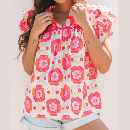 Melanie Floral Ruffled Sleeve Ric-rac Trim Split Neck Loose Blouse