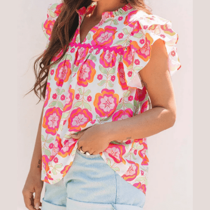 Melanie Floral Ruffled Sleeve Ric-rac Trim Split Neck Loose Blouse