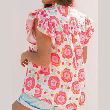 Melanie Floral Ruffled Sleeve Ric-rac Trim Split Neck Loose Blouse