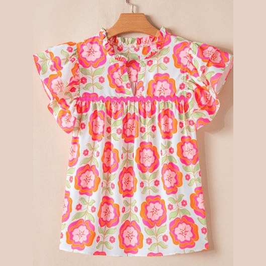Melanie Floral Ruffled Sleeve Ric-rac Trim Split Neck Loose Blouse