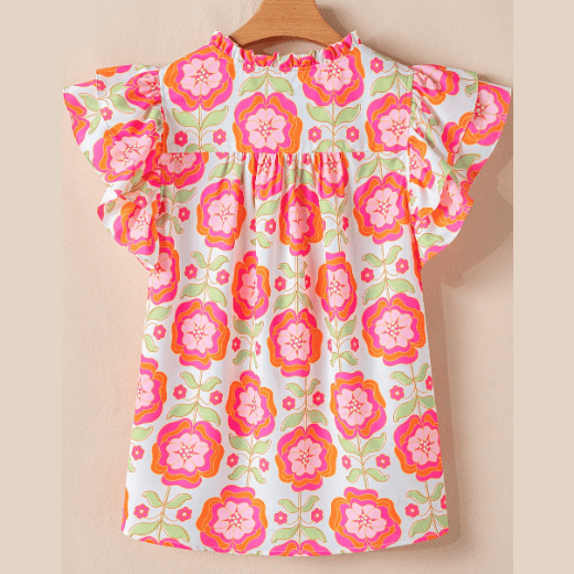 Melanie Floral Ruffled Sleeve Ric-rac Trim Split Neck Loose Blouse