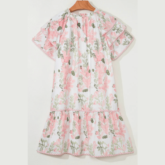 Twyla Pink Floral Contrast Edge Layered Short Sleeve Mini Dress