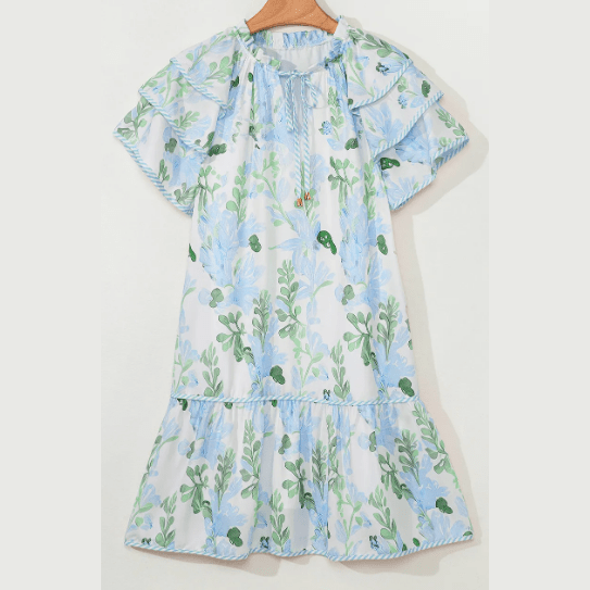 Twyla Blue Floral Contrast Edge Layered Short Sleeve Mini Dress