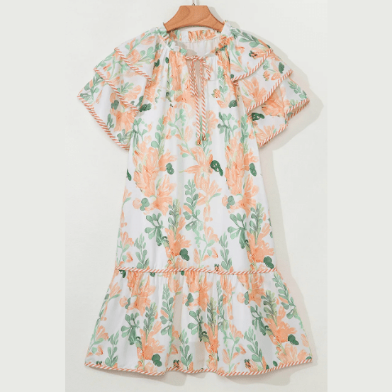 Twyla Orange Floral Contrast Edge Layered Short Sleeve Mini Dress