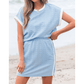 Evyn Beau Blue Contrast Trim Textured Crewneck Tee and Pocketed Skirt Set