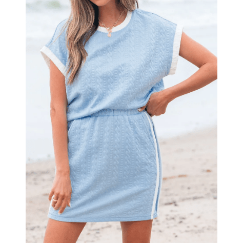 Evyn Beau Blue Contrast Trim Textured Crewneck Tee and Pocketed Skirt Set