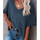 Sherry Blue Exposed Seam Half Sleeve Knitted V Neck Textured Top