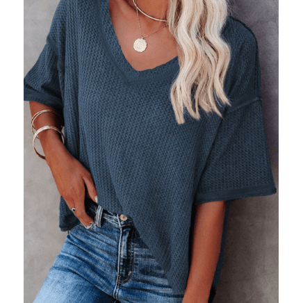 Sherry Blue Exposed Seam Half Sleeve Knitted V Neck Textured Top