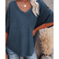 Sherry Blue Exposed Seam Half Sleeve Knitted V Neck Textured Top