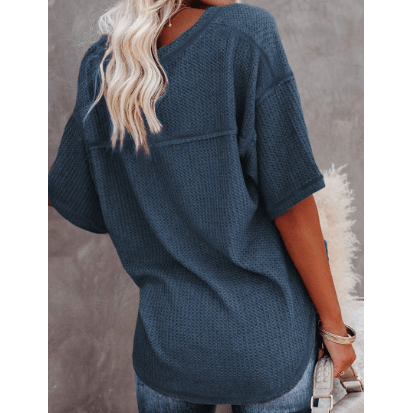 Sherry Blue Exposed Seam Half Sleeve Knitted V Neck Textured Top