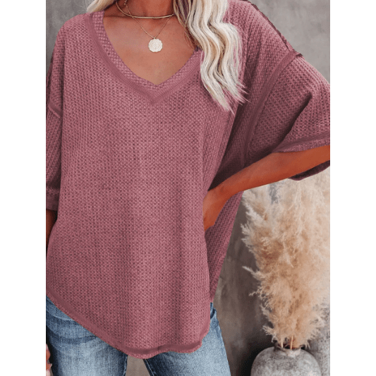 Sherry Mauve Exposed Seam Half Sleeve Knitted V Neck Textured Top