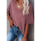 Sherry Mauve Exposed Seam Half Sleeve Knitted V Neck Textured Top