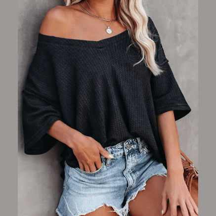 Sherry Black Exposed Seam Half Sleeve Knitted V Neck Textured Top