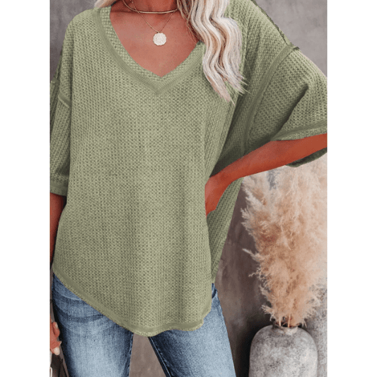 Sherry Green Exposed Seam Half Sleeve Knitted V Neck Textured Top