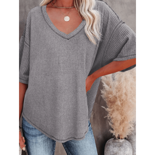 Sherry Grey Exposed Seam Half Sleeve Knitted V Neck Textured Top