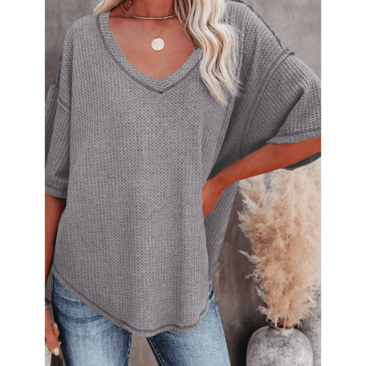 Sherry Grey Exposed Seam Half Sleeve Knitted V Neck Textured Top