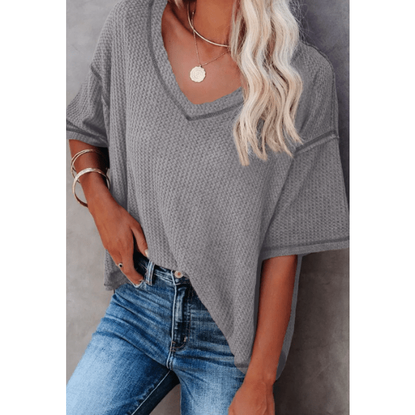 Sherry Grey Exposed Seam Half Sleeve Knitted V Neck Textured Top