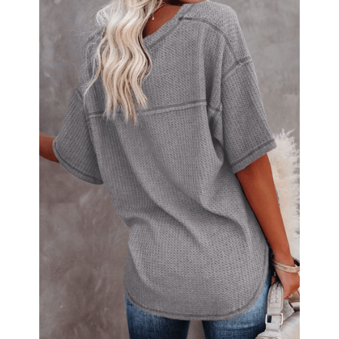 Sherry Grey Exposed Seam Half Sleeve Knitted V Neck Textured Top