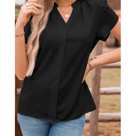 Leona Black Silky Notched Neckline Petal Sleeve Blouse