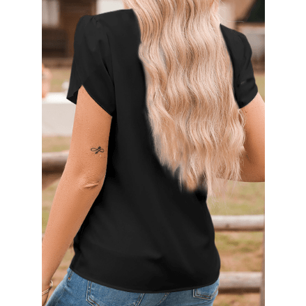 Leona Black Silky Notched Neckline Petal Sleeve Blouse