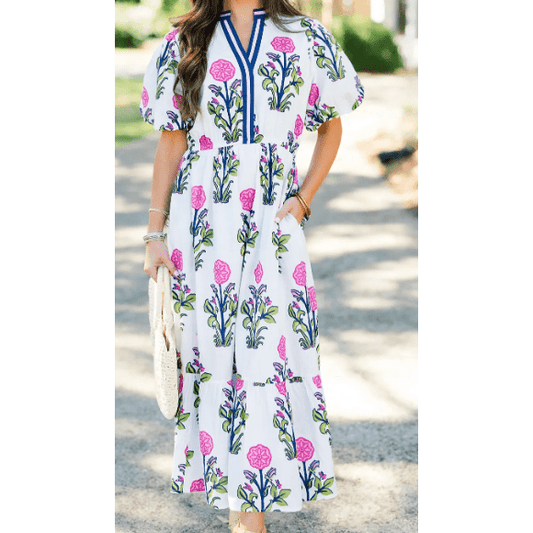 Bethan White Floral Puff Short Sleeve V Neck High Waist Maxi Dress