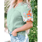 LuAnn Green Floral Embroidered Puff Sleeve Split Neck Blouse