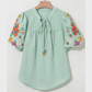 LuAnn Green Floral Embroidered Puff Sleeve Split Neck Blouse