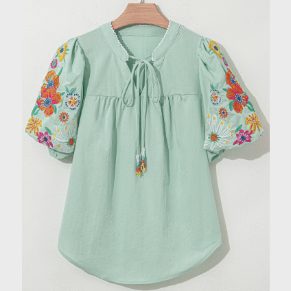 LuAnn Green Floral Embroidered Puff Sleeve Split Neck Blouse