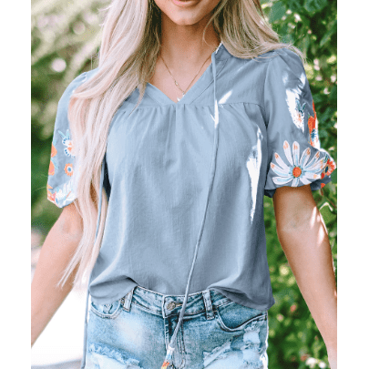 LuAnn Blue Floral Embroidered Puff Sleeve Split Neck Blouse
