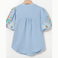 LuAnn Blue Floral Embroidered Puff Sleeve Split Neck Blouse