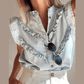 Micha Beau Blue Mineral Wash Cap Sleeve Frilled Button Up Denim Shirt