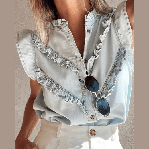 Micha Beau Blue Mineral Wash Cap Sleeve Frilled Button Up Denim Shirt