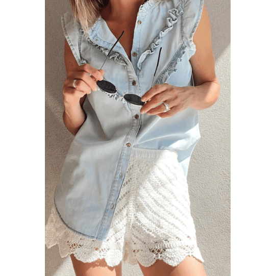 Micha Beau Blue Mineral Wash Cap Sleeve Frilled Button Up Denim Shirt
